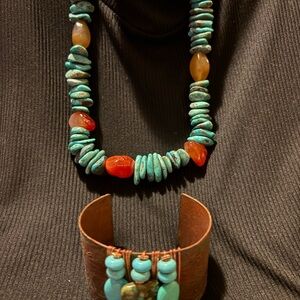 Turquoise and Carnelian Bead Necklace and Turquoise Copper Cuff - Unbranded